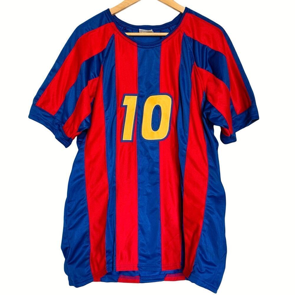 Facsimile Autographed Ronaldinho FC Barcelona Blue/Red Reprint Jersey Men's XL